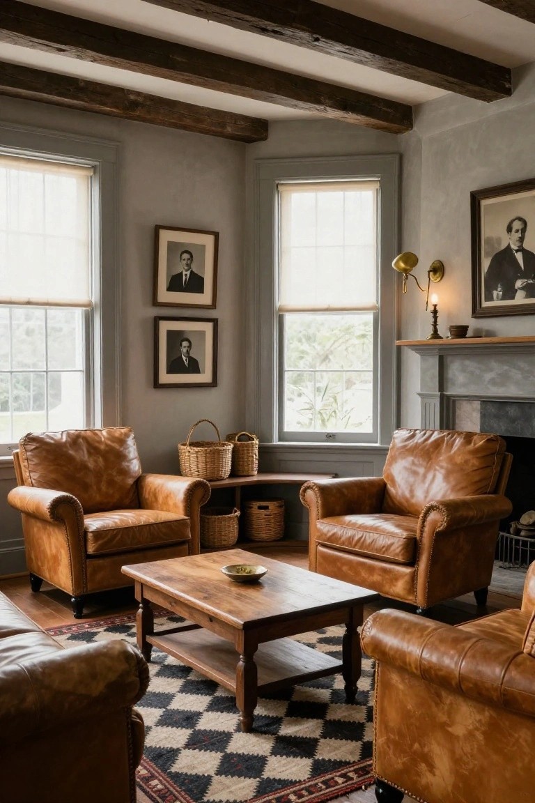 Colonial-style living room interior with four tan tufted leather armchairs arranged around a wooden coffee table on a black-and-white patterned rug, exposed wooden beam ceiling, neutral gray walls, large windows with shades, black-and-white portraits, woven baskets, and a stone fireplace.
