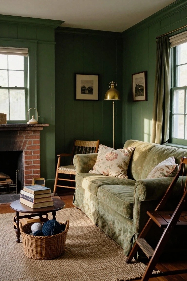Cozy living room featuring dark green vertical wood-paneled walls, green velvet sofa with floral pillows, brick fireplace, wooden rocking chair, brass floor lamp, low coffee table with books, wicker basket on seagrass rug, and ladder-back chair.