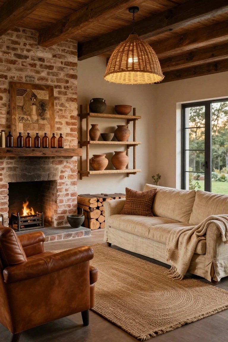 A living room with exposed brick fireplace, burning fire in a grate, wooden beams on ceiling, open shelves with pottery, beige linen sofa with throw, brown leather armchair, seagrass rug, and windows to garden.