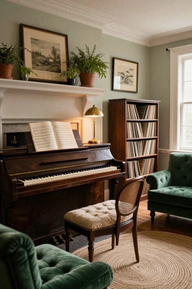 Sage green living room featuring an antique upright piano with open sheet music by a fireplace, wood bookshelves with records, green velvet armchairs, potted plants, and framed artwork on walls.
