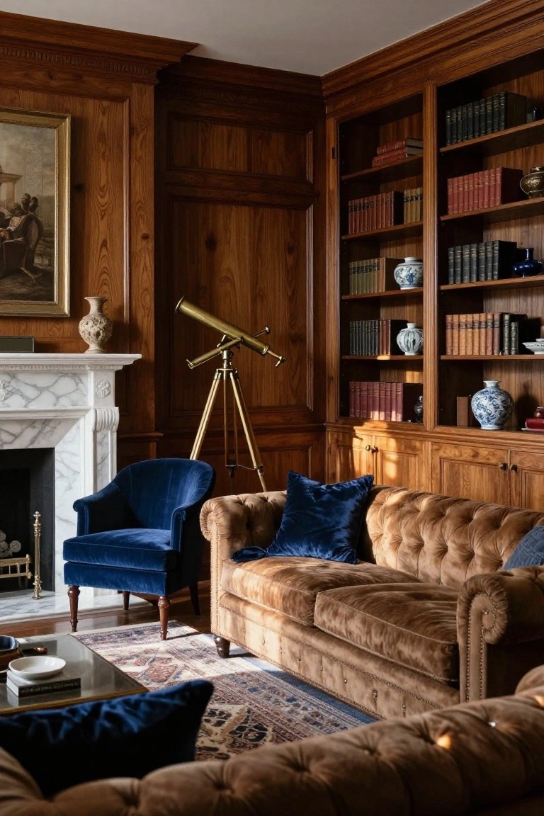 Living room with dark wood paneling on walls and built-in bookshelves filled with books, ceramics, and vases, white marble fireplace, brass telescope on stand, blue velvet armchair, tan tufted sofas, coffee table, and patterned rug.