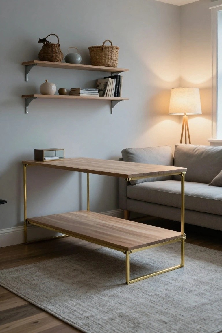 Living room corner featuring a gray sofa next to a two-tier brass-legged wood console table, wall-mounted wood shelves with woven baskets and ceramics, a tripod floor lamp, and a beige rug on hardwood floor.