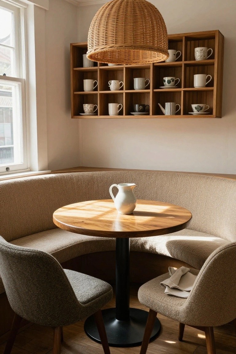 Curved beige upholstered banquette seating in a light-colored corner room around a round wooden table with a white jug, flanked by two upholstered chairs, wooden shelves displaying white cups above, and a woven pendant light near a window.