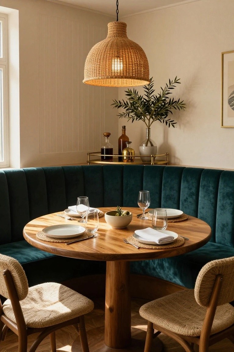 Corner dining nook with curved emerald green velvet banquette booth around a round wooden table set with white plates, glasses, and napkins, flanked by rattan chairs, under a woven pendant light, with plants and bar cart on beige walls near a window.