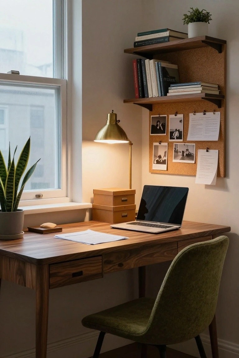 Wooden desk with open laptop and papers in a corner room, green upholstered chair, potted snake plant, lit brass lamp, wall shelves holding books, corkboard with pinned photos and notes, large window with city view.