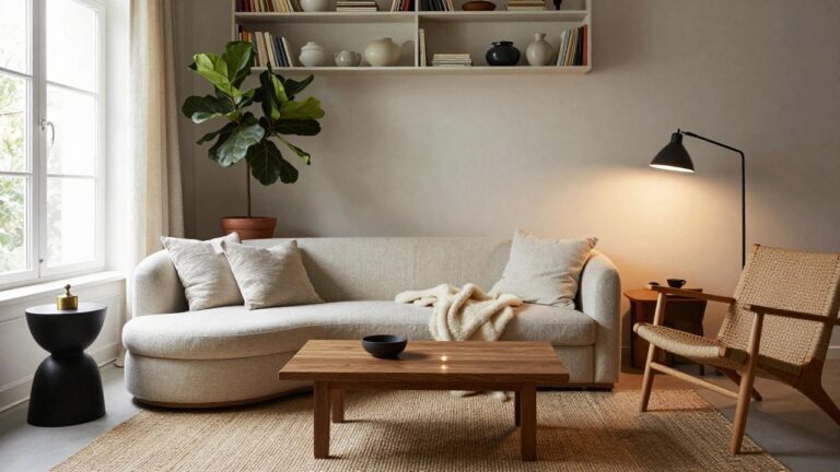 Light beige living room with cream linen slipcovered sofa draped in a fur throw, tall fiddle leaf fig plant in terracotta pot, black arc floor lamp, rattan coffee table holding books and lit candle, wooden bookshelves, and large window with sheer curtains.