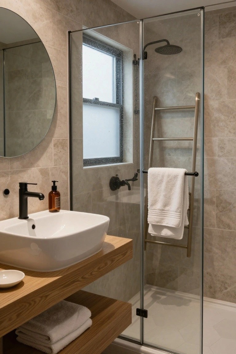 Compact modern bathroom with beige tiled walls, glass walk-in shower with black rain showerhead, floating wooden shelf vanity supporting white rectangular sink and black faucet, round wall mirror, brass ladder towel rack, and small window.