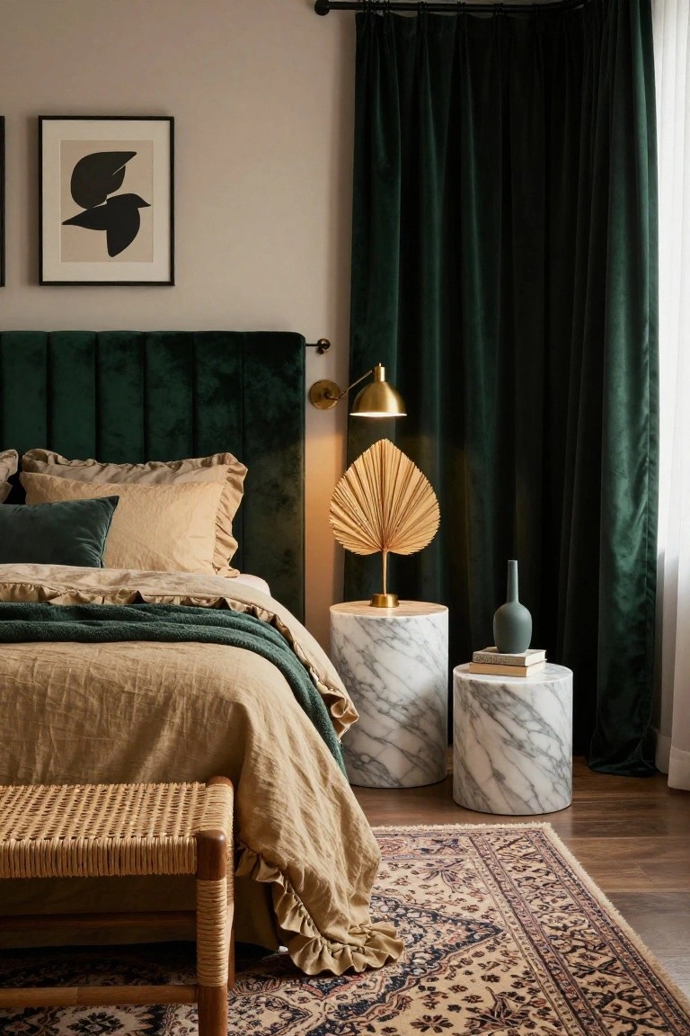 Bedroom interior with emerald green tufted velvet headboard, beige ruffled pillows and duvet with green throw, two marble pedestal nightstands holding books, a gold arched lamp, gold fan palm sculpture, and green vase, rattan bench at bed foot, and patterned rug on wood floor with green velvet curtains.