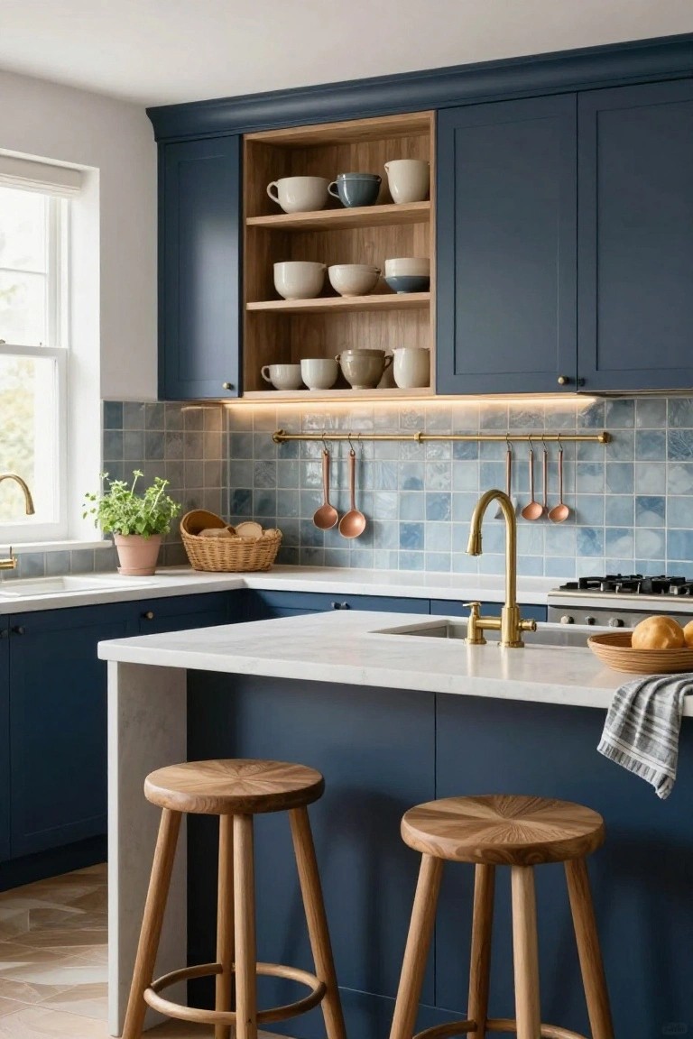 Contemporary kitchen with navy blue shaker-style cabinets, wooden open shelving displaying white ceramic dishes, blue textured tile backsplash, brass hanging rail with copper utensils, white quartz waterfall island, two wooden barstools, and brass faucet over sink.