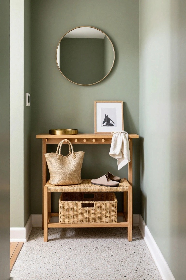 Small light wood console table in a pale green entryway corner with round gold mirror, framed black and white photo, brass tray, straw bag and white towel on peg hooks, pink slippers, and woven basket on lower shelf.