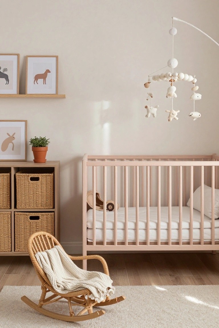 Light beige nursery room with pink wooden crib, wicker rocking chair draped in white blanket, wall shelves holding woven baskets and framed animal prints, potted plant, and white plush toy mobile overhead.