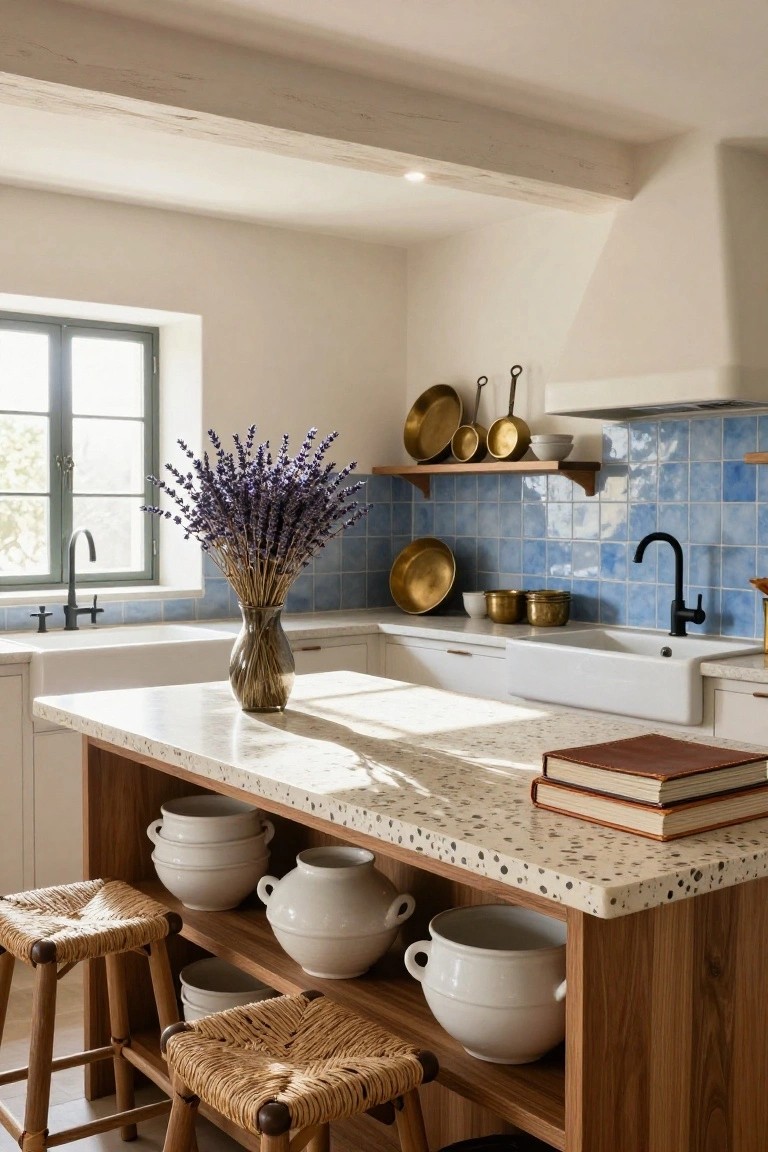 Kitchen with white cabinets, blue tile backsplash behind farmhouse sink and range hood, wooden island holding white pottery and rattan stools, brass cookware on open shelves, and lavender bouquet on counter.