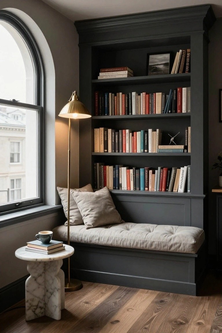 Gray built-in bookshelves filled with books surround an arched window and a cushioned window seat bench, with a gold floor lamp, marble side table holding a coffee cup and books, and wood flooring in a room overlooking buildings.
