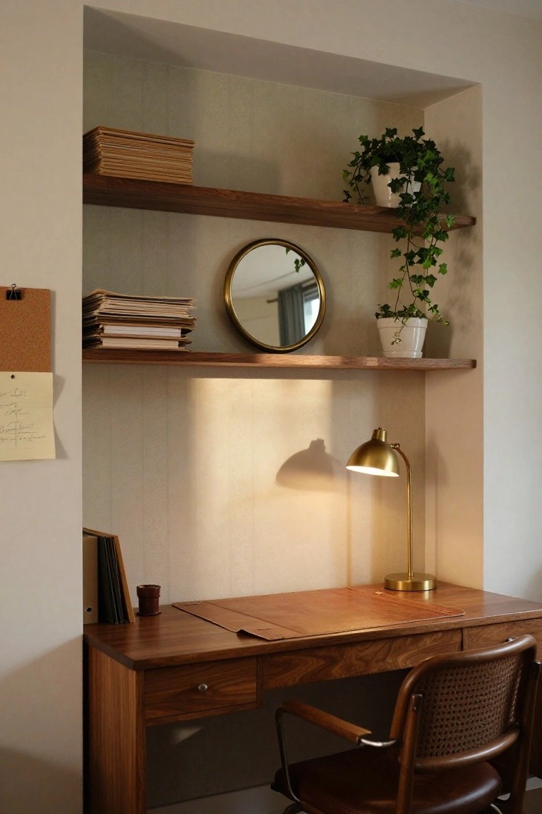 Wooden desk with leather blotter in a shallow alcove surrounded by wooden shelves with stacked books, files, potted ivy plant, round mirror, gold desk lamp, and corkboard with note against a light textured wall.