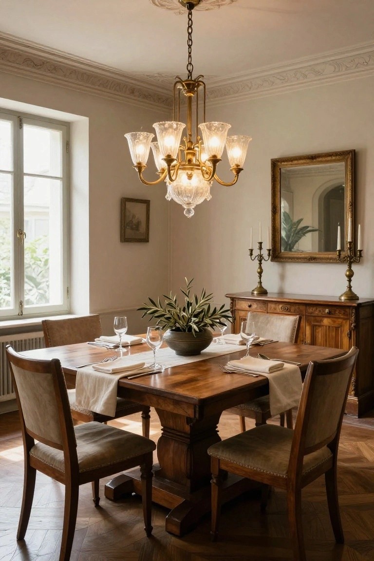 A dining room with rectangular wooden table set with white linen placemats, wine glasses, and silverware, surrounded by upholstered wooden chairs, under a glass chandelier, next to a wooden sideboard with candelabras and a bowl of olive branches on the table.
