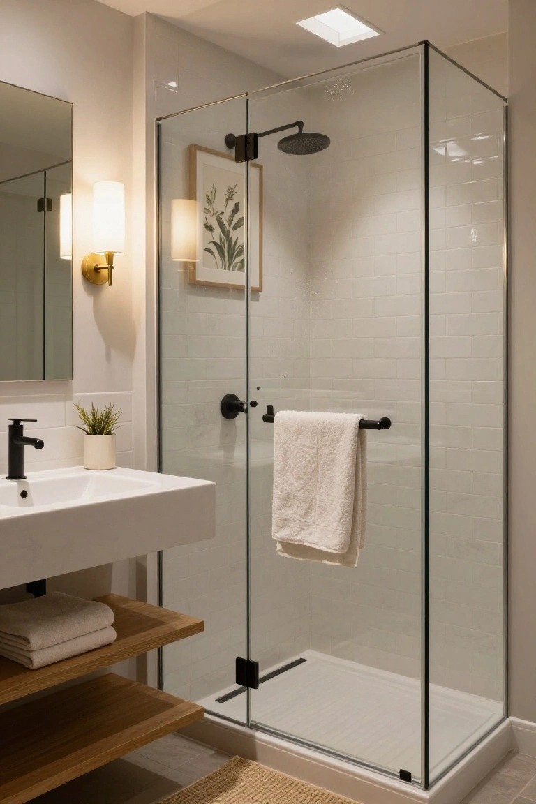 Modern bathroom with corner frameless glass shower enclosure, matte black fixtures including rain showerhead and sink faucet, white subway tile walls, floating white sink, wooden shelves holding towels, small potted plant, and beige floor rug.