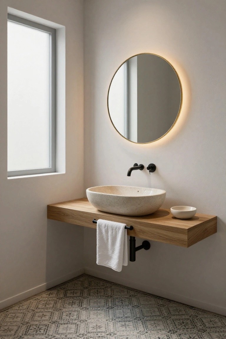 Corner of a minimalist bathroom with white walls, frosted window, round gold-framed mirror with LED lighting, floating oak wood shelf vanity supporting a beige stone vessel sink and small white bowl, black wall-mounted faucet, white towel, and geometric gray tile floor.
