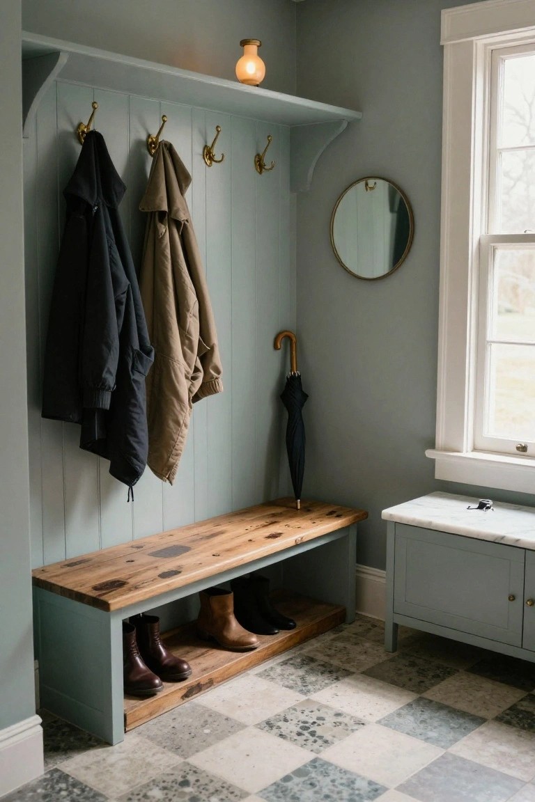 Sage green paneled mudroom with brass hooks holding black and tan coats, wooden bench with brown boots stored underneath, black umbrella leaning against wall, round mirror, and small marble-topped table on checkered tile floor.