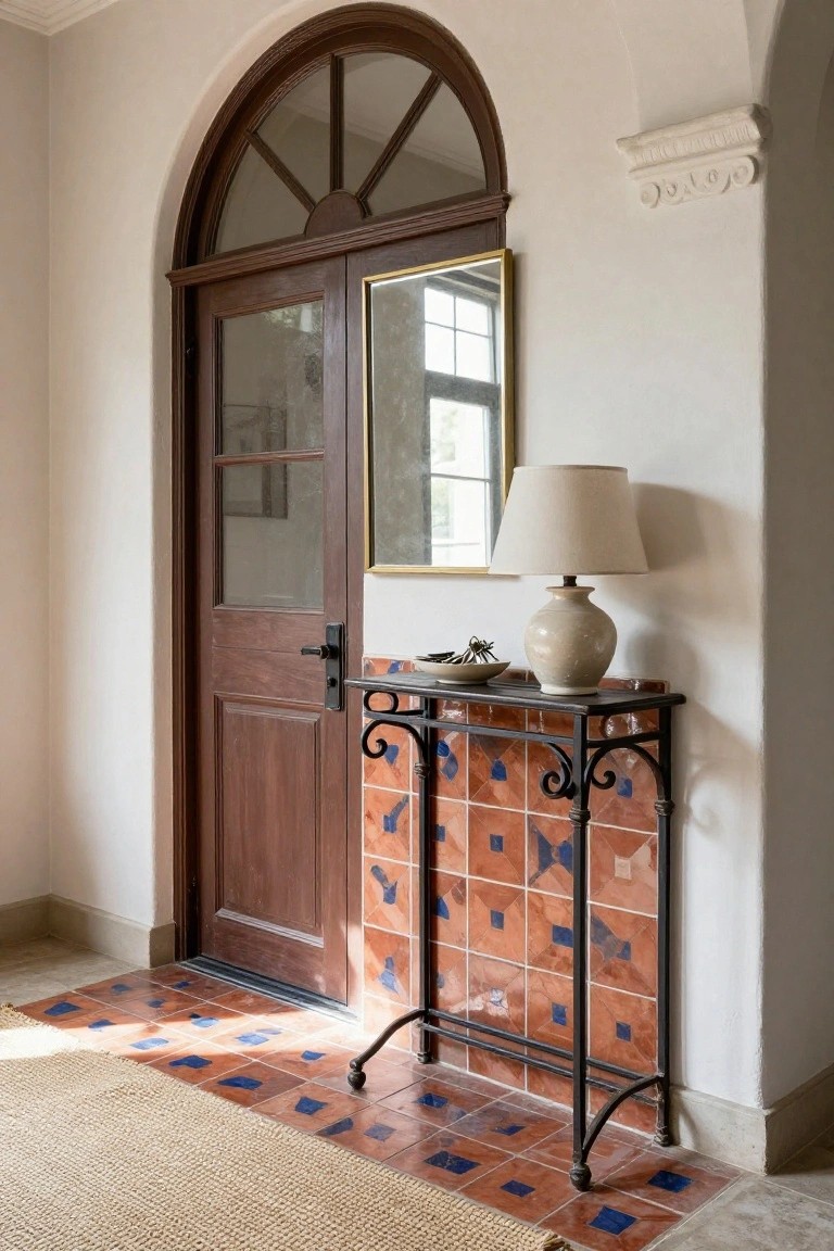 Interior hallway with a tall dark wood door featuring glass panels and an arched top light, next to a narrow black wrought iron console table with red terracotta tiles accented in blue, topped by a beige ceramic lamp and shallow dish, beside a gold-framed mirror, on terracotta floor tiles edged by a seagrass rug.
