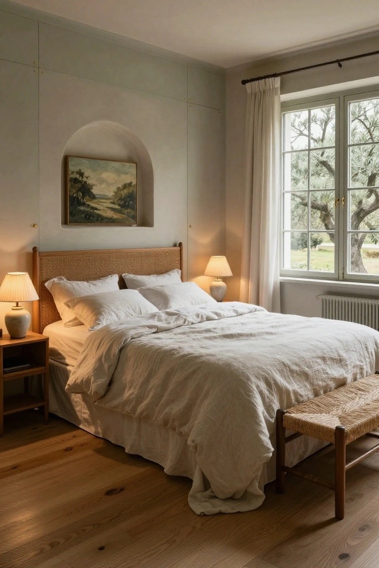 Bedroom interior with rattan headboard on a bed dressed in white linen sheets and duvet, flanked by wooden nightstands with ceramic lamps, arched wall niche holding a landscape painting, large window with white curtains overlooking olive trees and fields, wooden floors, and rattan bench at bed's foot.