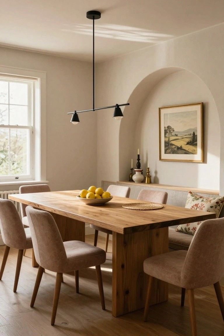 A dining room with a long oak table, beige upholstered chairs, a built-in bench in a curved wall niche displaying artwork, candles, and a vase, under a black three-light pendant, next to a window.