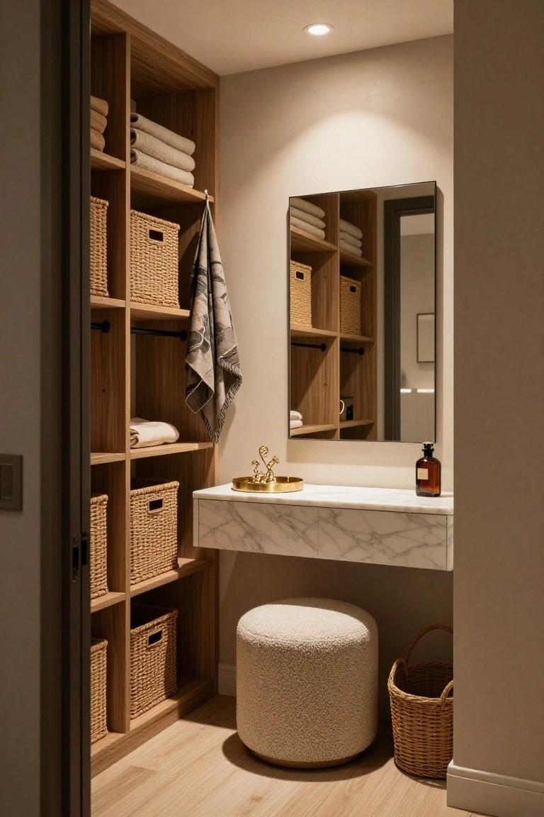 Walk-in closet featuring open wooden shelving with folded towels, rattan baskets, hanging rod with towel, marble vanity with mirror and gold accessories, cream pouf stool, and floor basket on wood flooring.