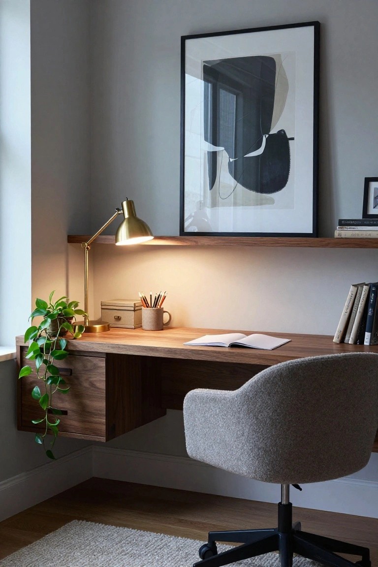 Corner home office with floating walnut desk, drawers underneath, gray fabric chair on wheels, gold adjustable lamp, potted trailing plant, open notebook, pencils in cup, books and box on desk, shelves with books above, abstract black and white print on wall, window light.