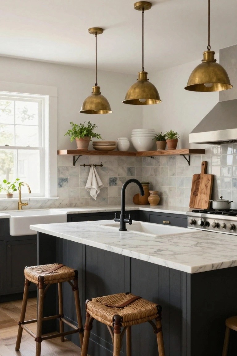 Modern kitchen with dark navy island topped by white marble countertop, rattan bar stools, three brass pendant lights, white farmhouse sink, plants on wooden shelves, and blue-gray subway tile backsplash.