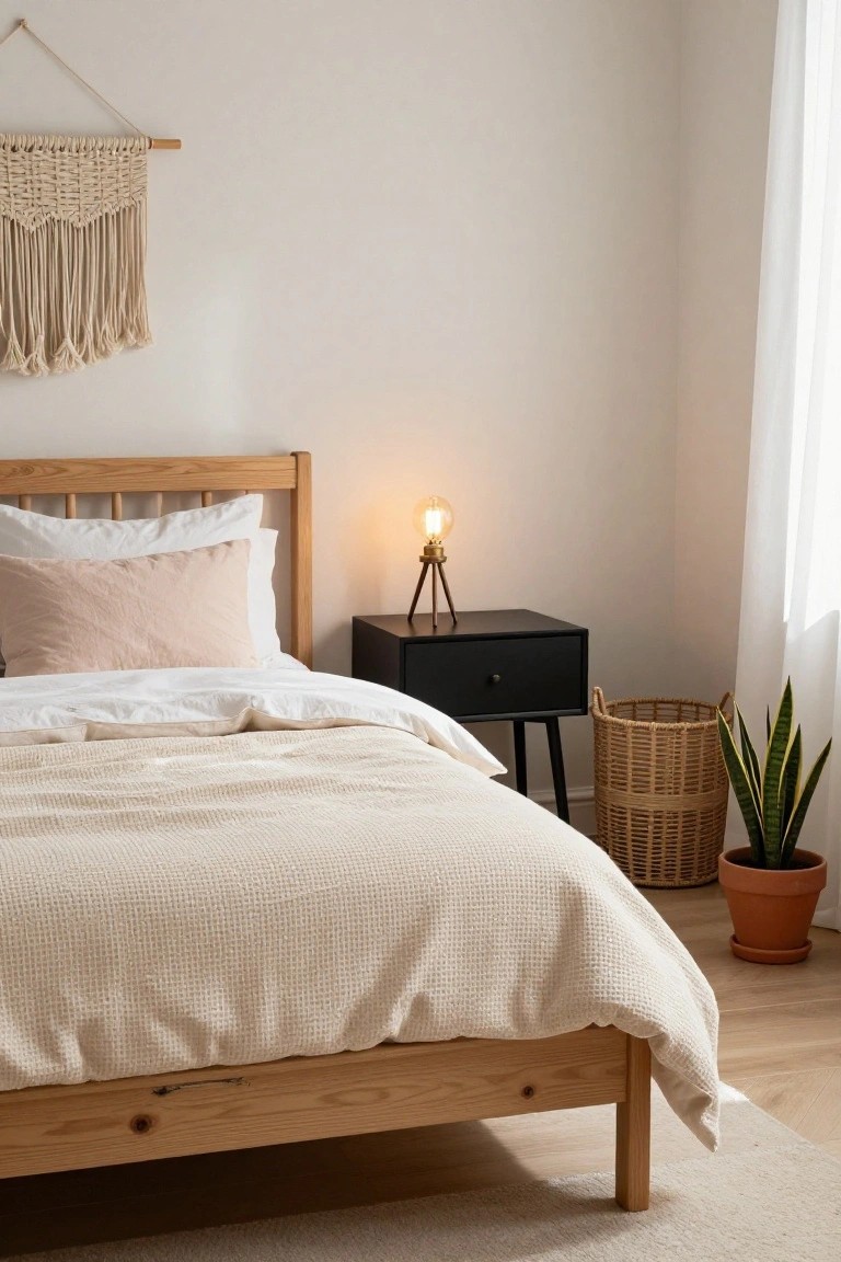 Bedroom with light wood bed frame, white sheets, pink and white pillows, beige textured duvet, black nightstand with gold tripod lamp, macrame wall hanging, wicker basket holding snake plant, terracotta pot with plant, white curtains, and light wood floor.
