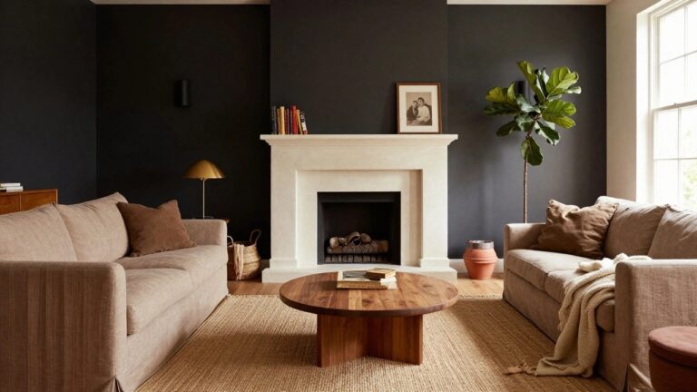 Modern living room with white fireplace mantel stacked with books and lamp, oval wooden coffee table on beige seagrass rug, creamy fabric sofa with tan pillows and throw blanket, wicker basket with linens, large fiddle leaf fig plant, and two windows.