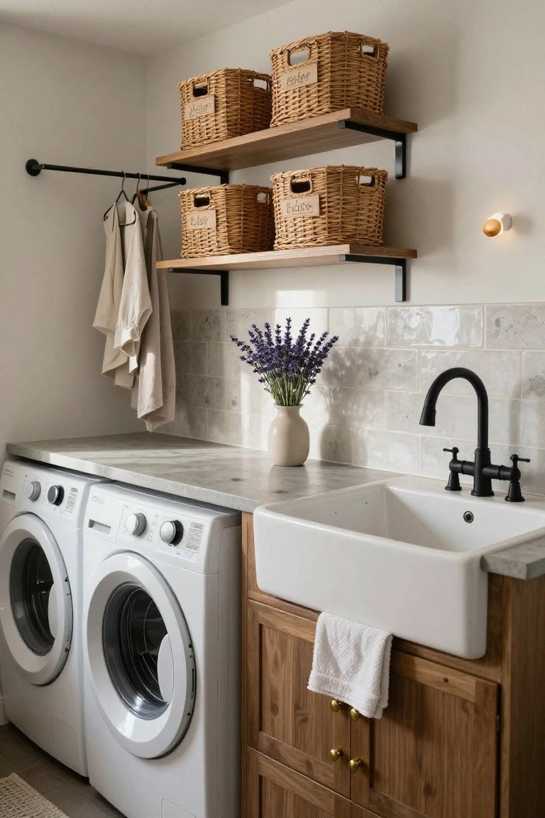 A laundry room interior with white washer and dryer units under a concrete countertop, white farmhouse sink with black faucet, wooden base cabinet, open wood shelves with labeled wicker baskets, hanging rod with beige linens, lavender flowers in vase, and black metal wall sconce.