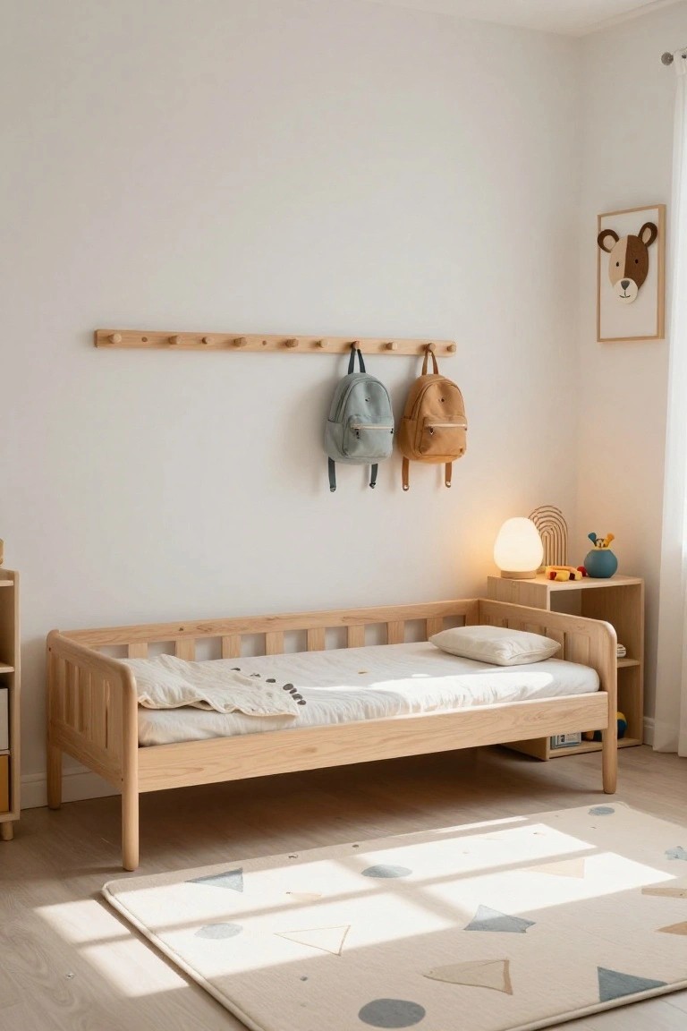 A minimalist child's bedroom with a low light wooden slatted bed, integrated shelves, wall peg rail holding two backpacks, bedside lamp, toys on shelves, and a geometric patterned rug on light floors.