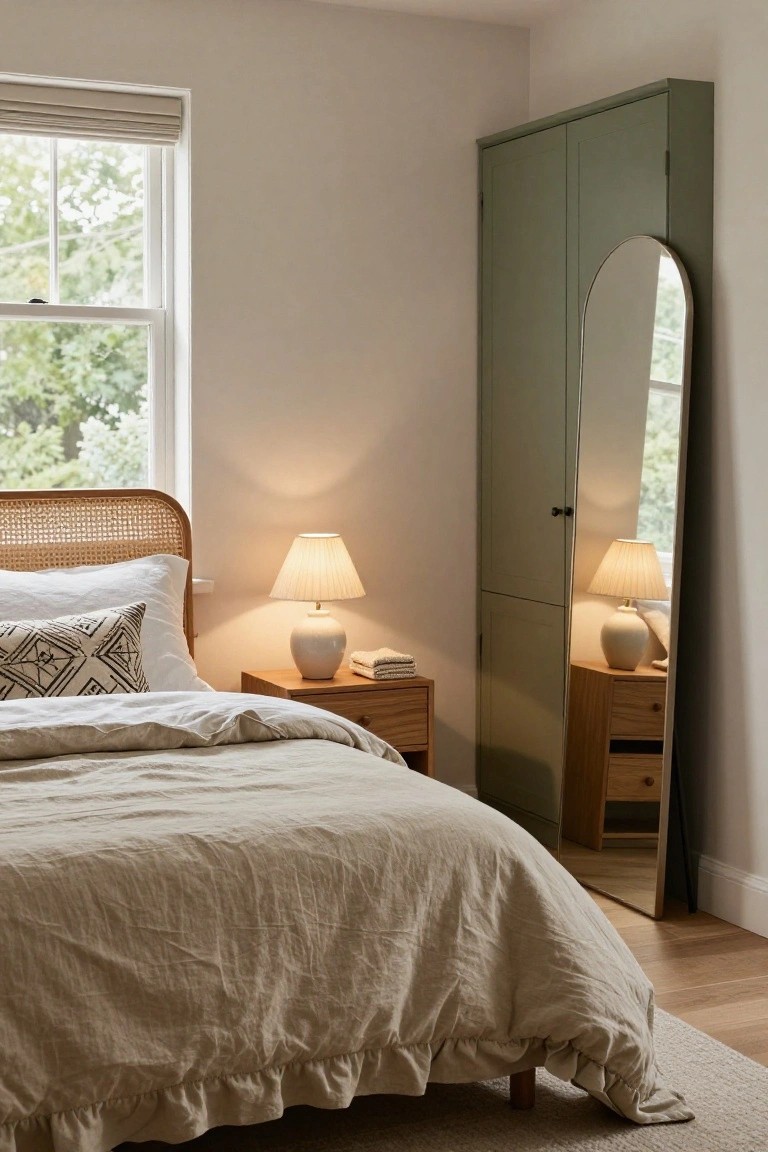 Bedroom interior with rattan headboard bed covered in beige linen bedding and pillows, wooden nightstands holding white ceramic lamps, tall sage green wardrobe with arched mirror beside it, and window with beige blinds letting in green outdoor light.