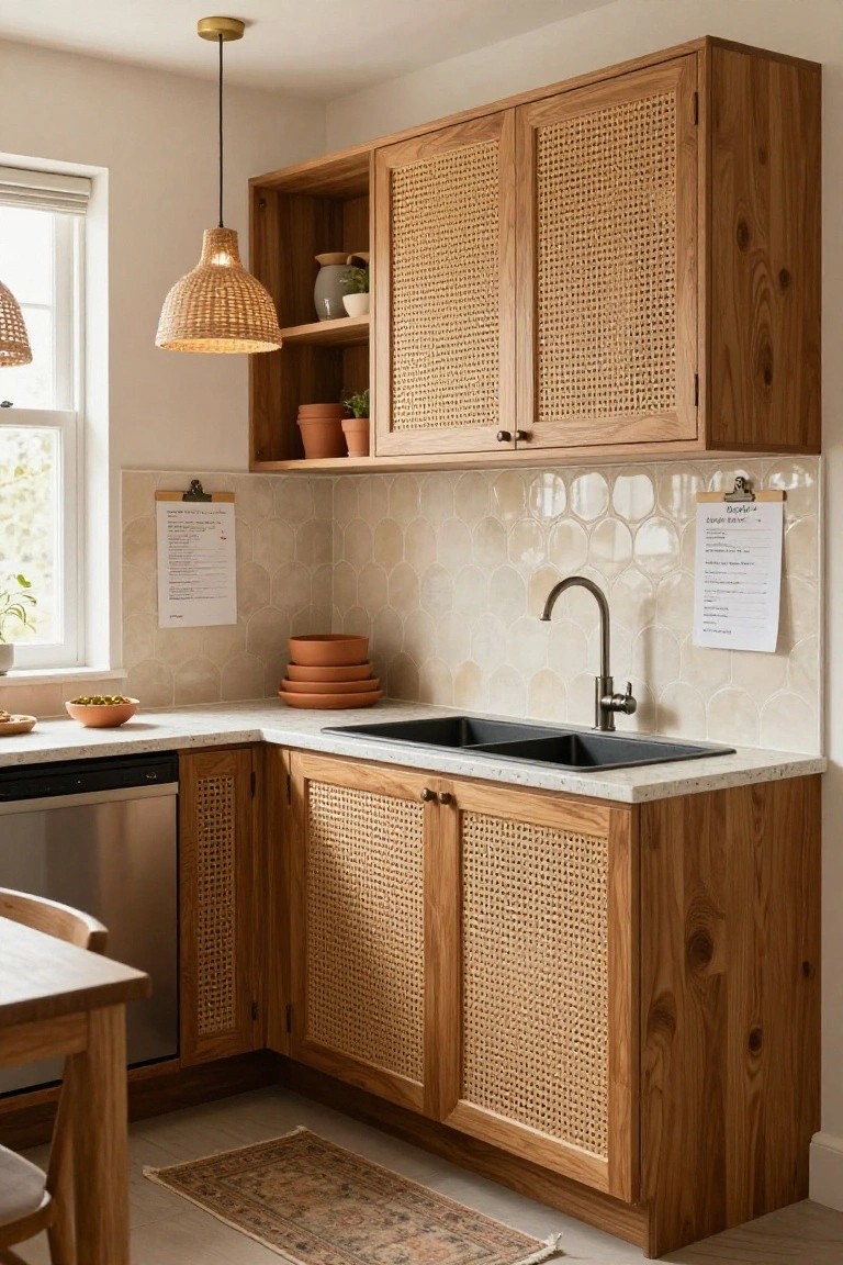 Modern kitchen with wood cabinets, rattan doors, marble counters, and sink.