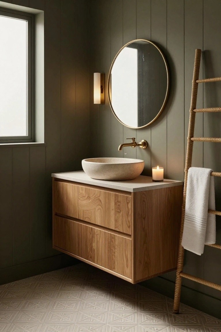 A bathroom with sage green vertical paneled walls, a floating oak wood vanity topped with a round stone vessel sink, a wall-mounted brass faucet, a gold-framed round mirror with wall light, a rattan ladder towel rack, a white towel, and a lit candle on the countertop next to geometric white floor tiles.
