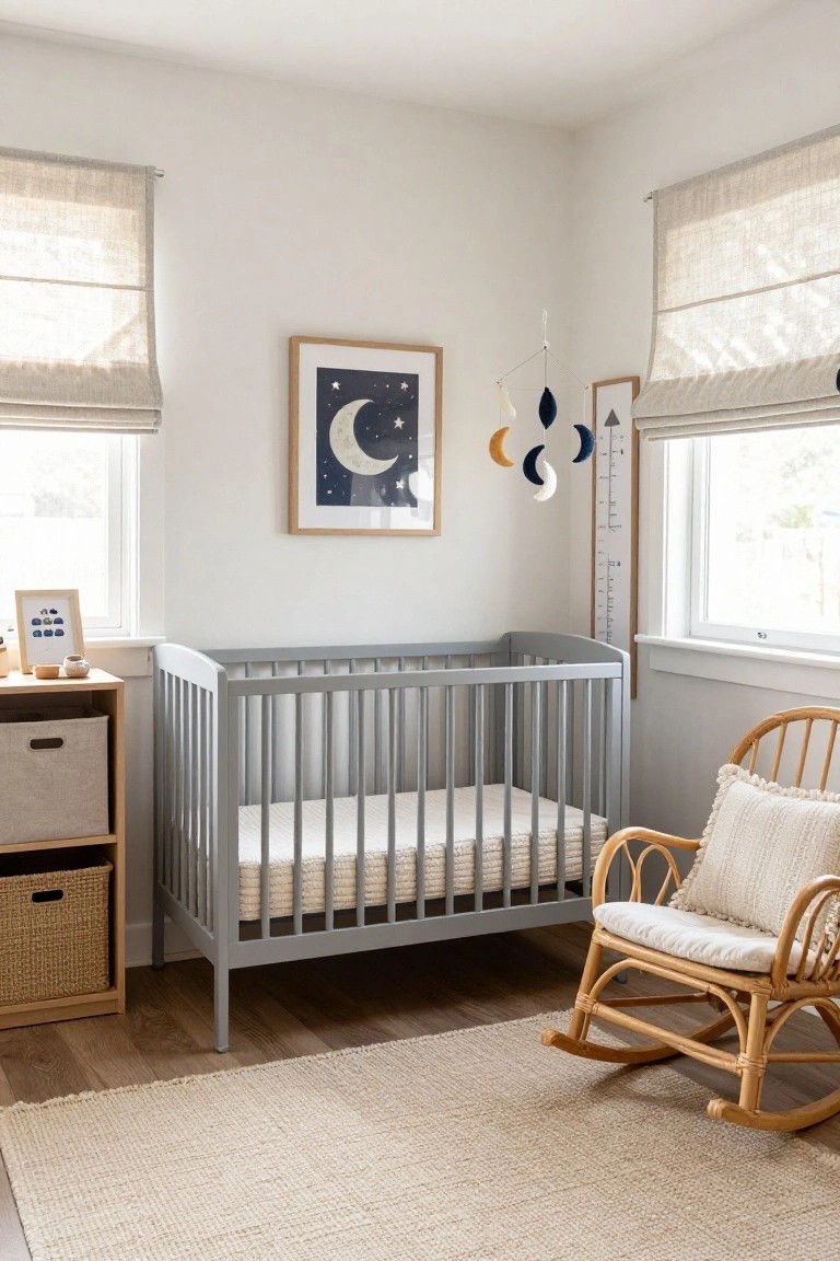 Corner of a nursery with gray crib, rattan rocking chair with beige cushions, sheer linen shades on two windows, moon print on wall, hanging mobile, growth chart, and neutral rug on wood floors.