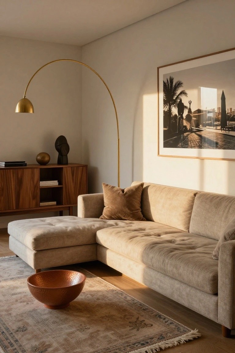 A sunlit modern living room with a beige tufted L-shaped sofa, gold arched floor lamp, walnut credenza holding books and sculptures, large framed black-and-white photo of a cityscape with palm trees, terracotta bowl on a patterned rug, and light wood flooring.