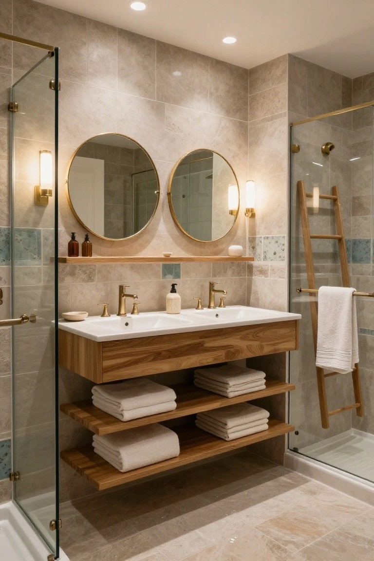 Modern bathroom with beige travertine tiles, floating wood double vanity with open shelves holding white towels, two round gold-framed mirrors, gold faucets, and wooden ladder towel rack next to glass shower enclosure.