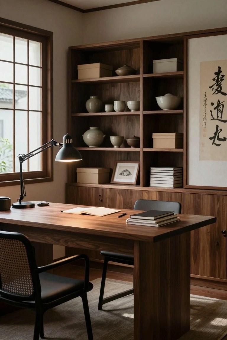 Minimalist home office with tall walnut wood built-in shelving displaying ceramic bowls and vases, wooden desk with open notebook and lamp, rattan and leather chair, beside a grid window.