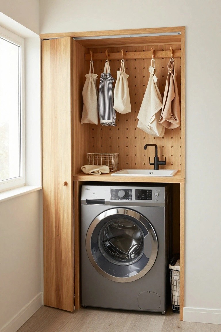 Open bi-fold oak cabinet enclosing a gray front-loading washer, white utility sink with black faucet on pegboard wall holding hanging cloth bags and towels, with baskets nearby in a light room with window.