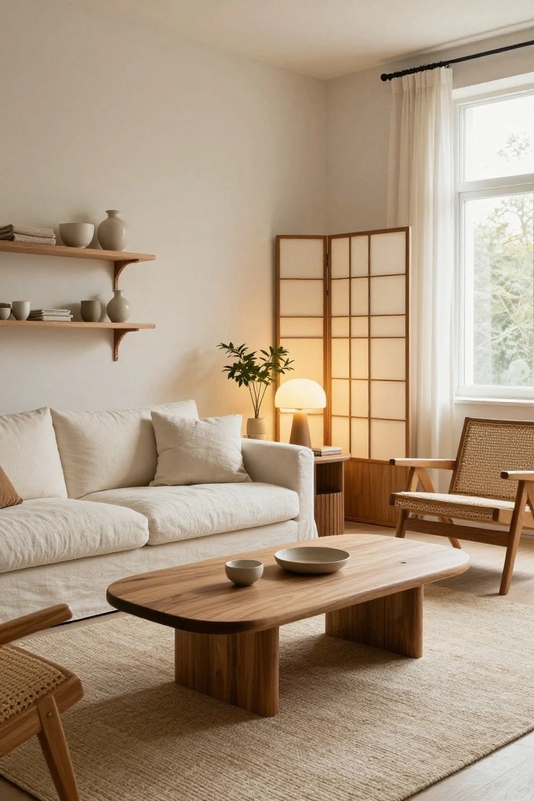 A light living room with white linen sofa, low wooden coffee table, rattan chairs, shoji screen divider, potted plant, lamp on side table, and ceramic pieces on wooden shelves next to a large curtained window.