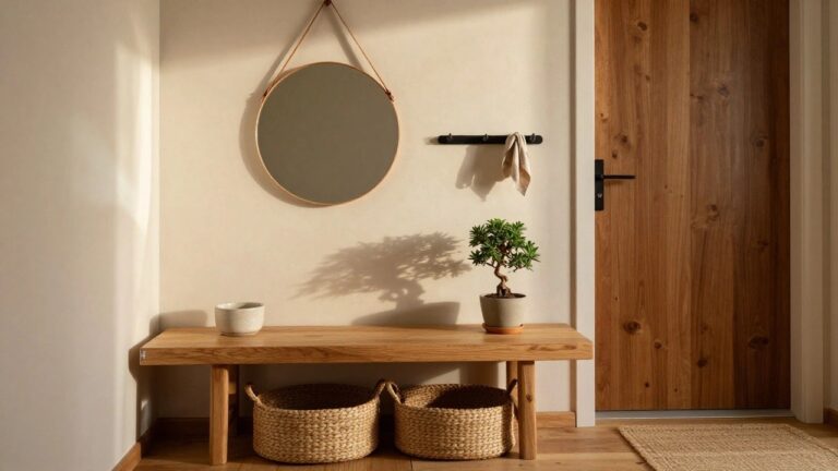 18 Elegant Japandi Interior Design Ideas For A Calm Home Beige entryway with round black mirror on leather straps, black wall hooks holding a gray towel, bonsai plant on ceramic pot next to wood bench with woven basket and slippers underneath, seagrass rug on oak floors.
