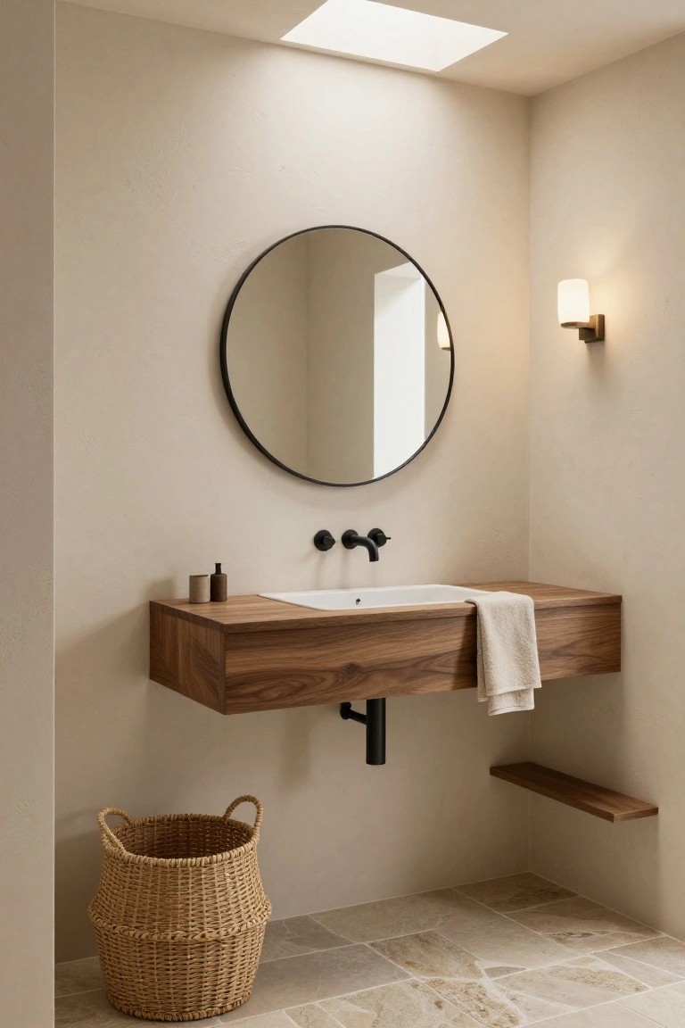 Corner of a minimalist bathroom with floating walnut wood vanity and white sink, black wall-mounted faucet and handles, round black mirror, beige walls, stone tile floor, wicker basket, wall sconce, small wood shelf, and skylight.
