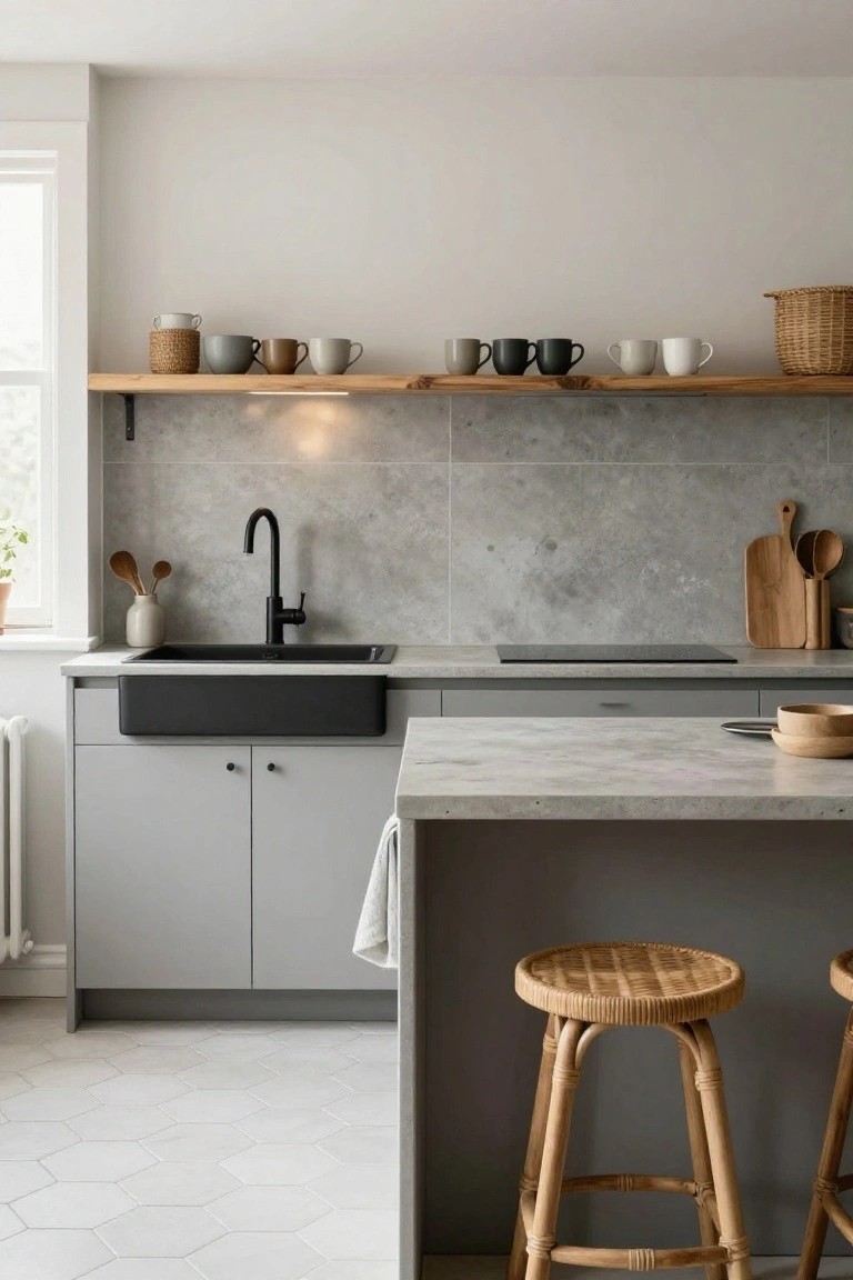 Contemporary kitchen with light gray cabinets and island, black farmhouse sink, gray veined quartz counters and backsplash, floating wood shelves holding ceramic mugs and baskets, wooden utensils and cutting board, rattan bar stools, and white hexagonal floor tiles.