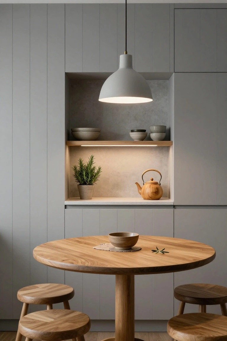 Grey paneled kitchen cabinets with a recessed lit niche displaying white bowls, stacked grey bowls, a wooden teapot, and potted rosemary plant on wooden shelves, next to a round wooden dining table with four wooden stools.