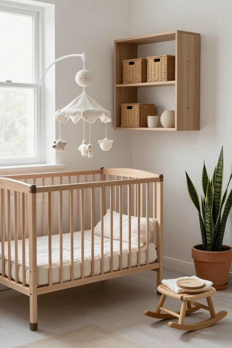 Nursery room with blonde wood crib containing white bedding, white mobile with sheep hanging above, wooden wall shelves holding woven baskets and ceramics, potted snake plant, woven stool with plates, and wooden rocking horse on light wood floor.