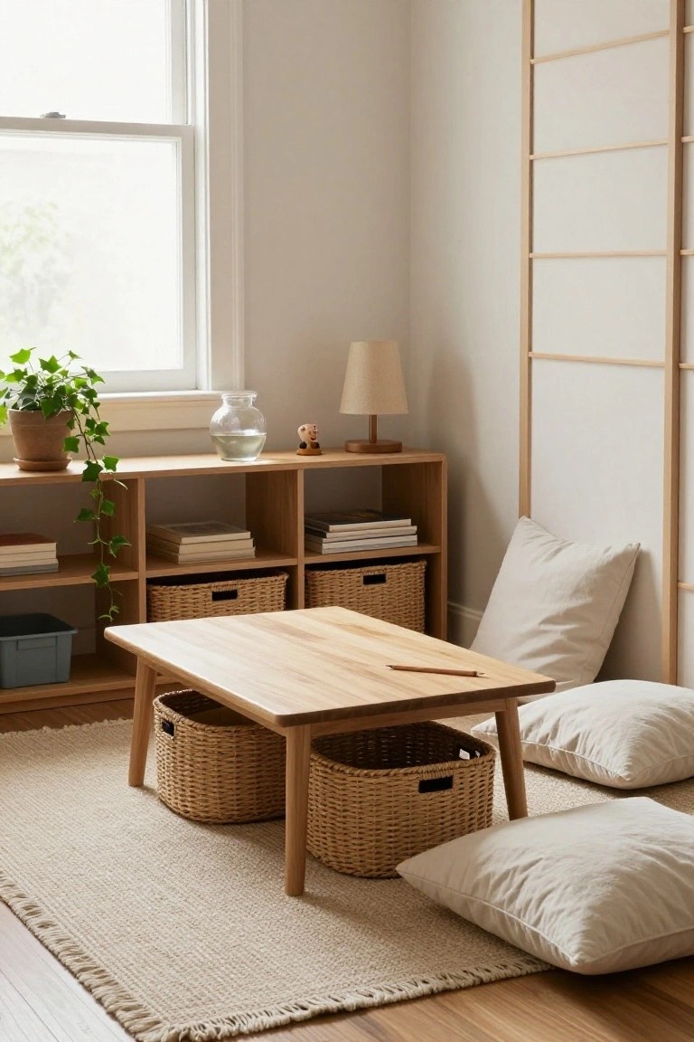 A minimalist indoor room with light wood furniture including a central low rectangular table on legs holding woven baskets underneath, surrounded by large white floor cushions on a light rug, wooden shelving units with books and plants, a potted ivy plant, a lamp with a toy figure, and a tall wooden ladder screen divider next to a window.