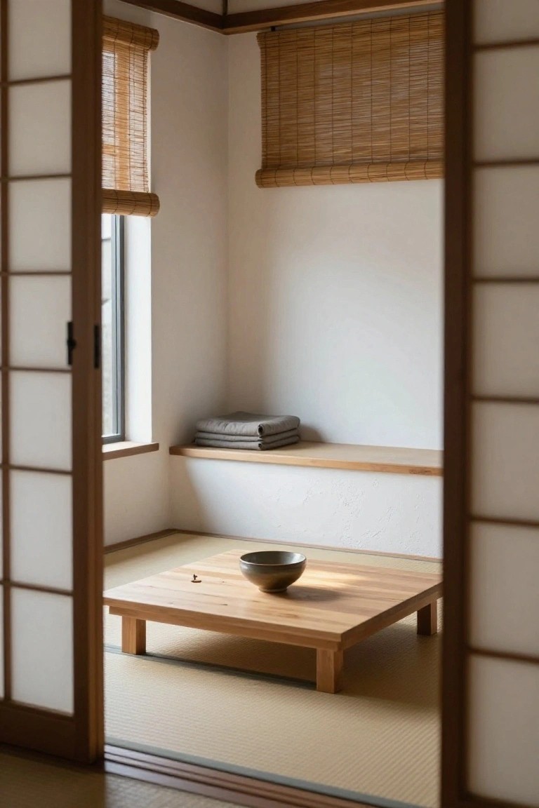 A minimalist tatami-floored room with open shoji screens, a low wooden table holding a black bowl, a built-in wooden shelf with folded gray linens, bamboo blinds over a window, and neutral walls.