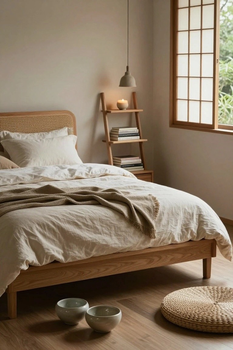 A minimalist bedroom interior with a low oak wood platform bed featuring a rattan headboard, white linen sheets and pillows, a nearby wooden ladder shelf holding books and a candle, shoji-style window with greenery outside, two ceramic bowls and a woven floor cushion on light wood flooring.