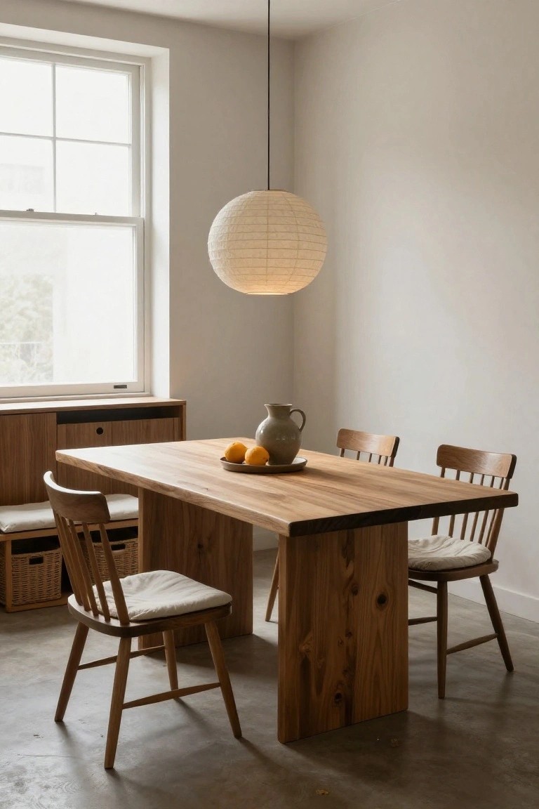 A minimalist dining room with a rectangular light wood trestle table, four matching wooden chairs with white cushions, a gray ceramic jug and oranges on a plate at the center, a hanging white paper lantern above, large window on the left, beige walls, wooden cabinetry, and concrete floor.